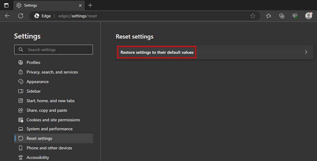microsoft edge restore settings to their default values