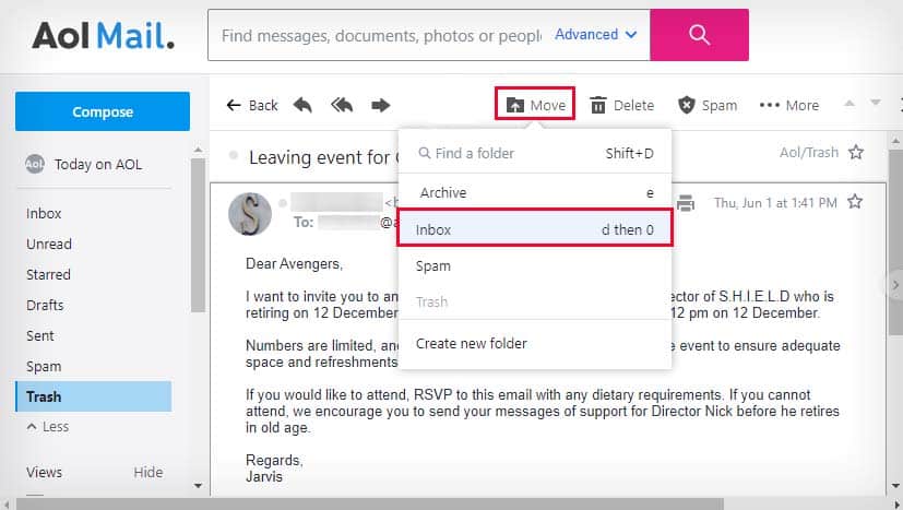 move deleted aol mail to inbox
