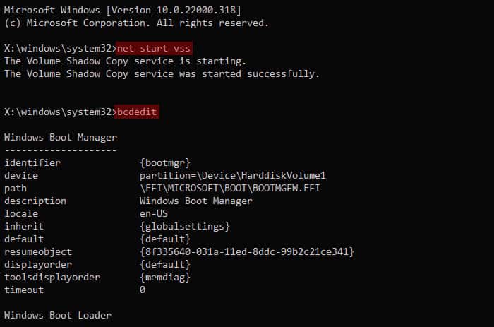 net-start-vss-bcdedit