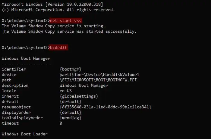 net-start-vss-bcdedit