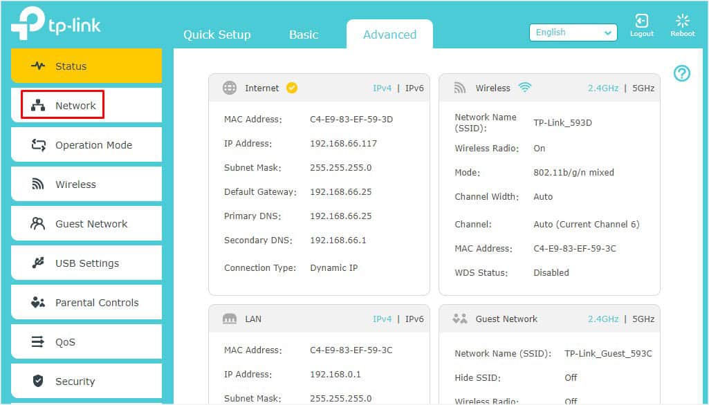 network option in advanced