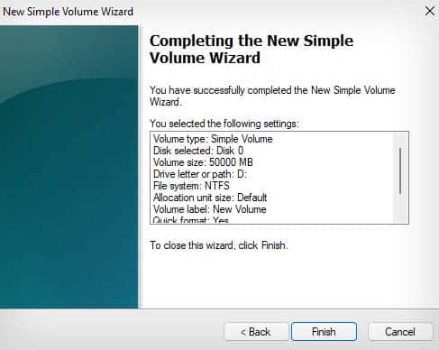new simple voume wizard finish