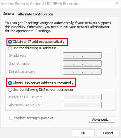 obtain ip address and dns server address automatically