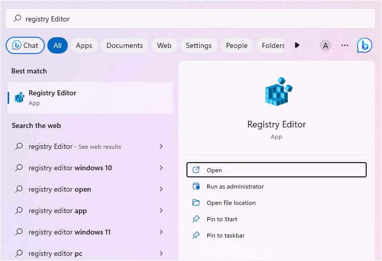open registry editor from start menu