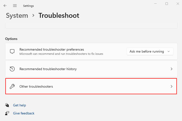 other troubleshooters in windows settings