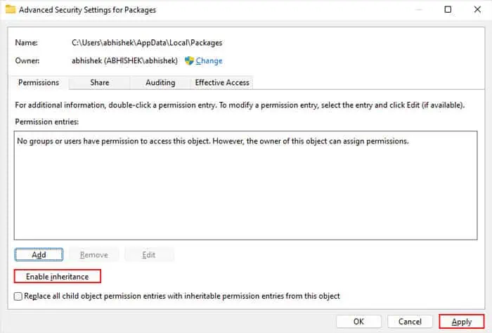 How to Fix Error 0x80070005 21 packages-enable-inheritance-apply