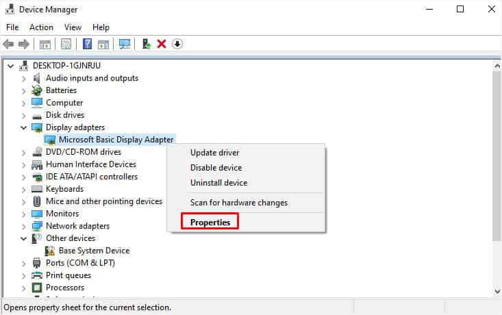 properties graphics driver