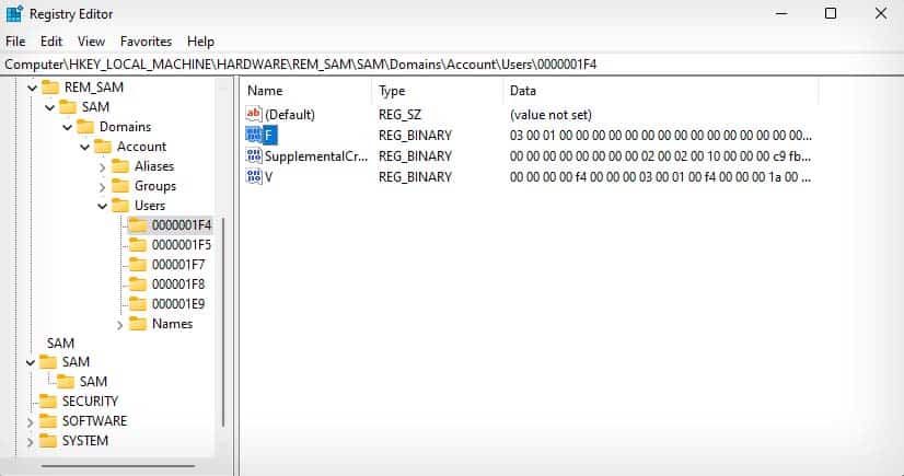 registry editor rem sam files