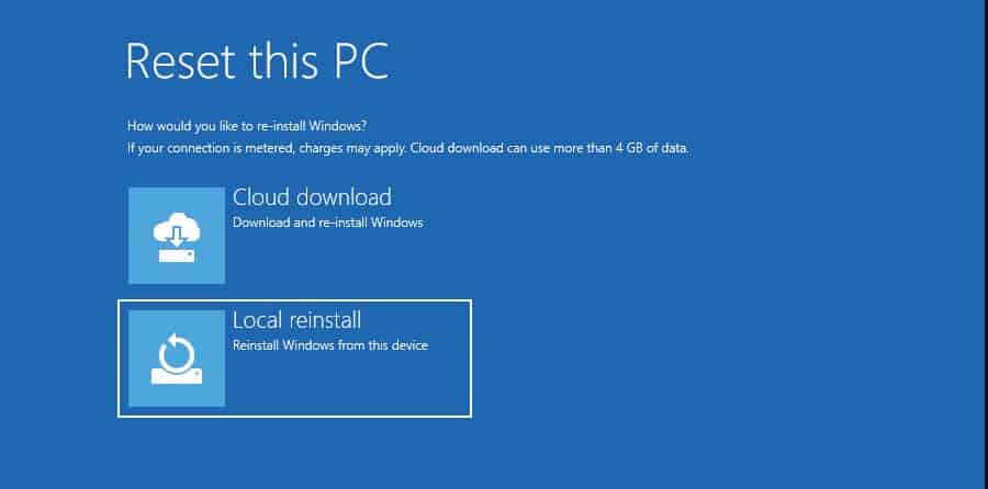 reset this pc local reinstall
