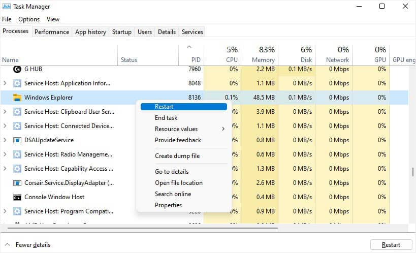 restart windows explorer