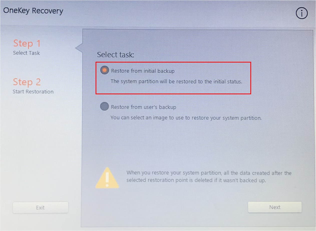 restore from initial backup lenovo onekey recovery