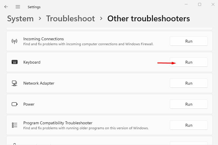 run keyboard troubleshooter