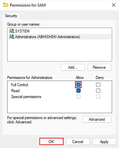 sam-permission-administrators-allow-full-control-ok
