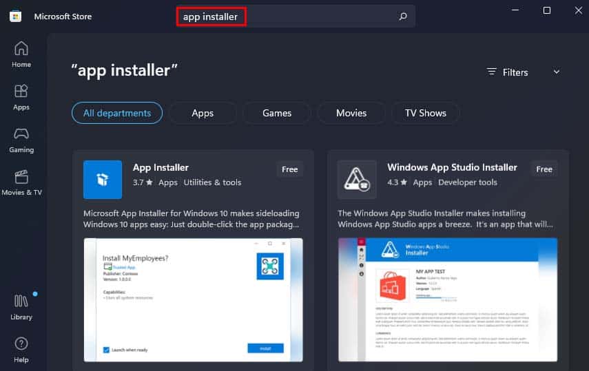 search app installer in microsoft store
