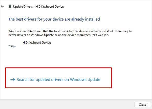 search for keyboard drivers on windows update