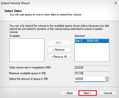 select the amount of space to extend in c drive