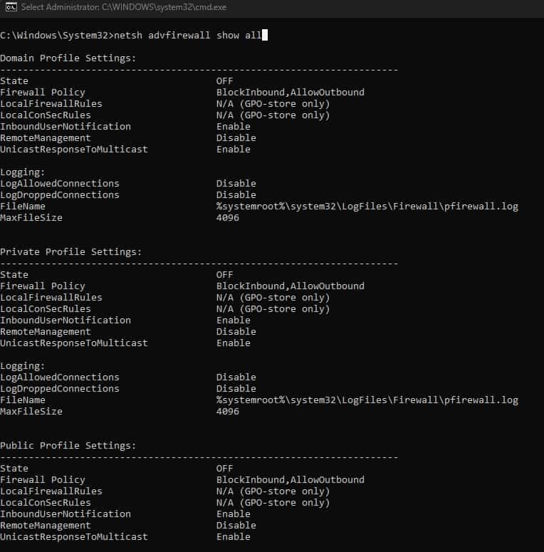 show firewall settings disable firewall
