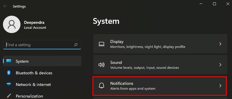 system notifications