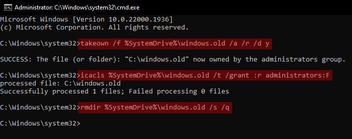 takeown-windows-old-admin-icacls-grant-full-access-rmdir-remove-directory