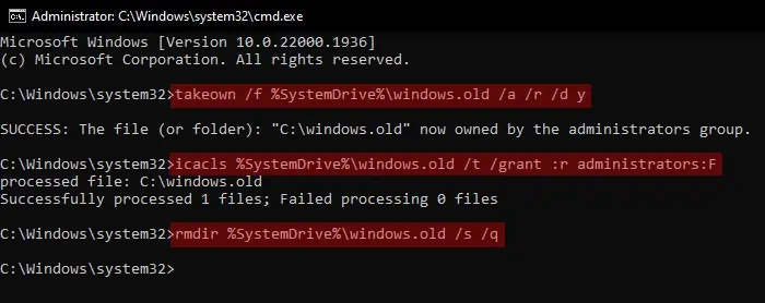 4 Ways to Delete Windows.old Folder 6 takeown-windows-old-admin-icacls-grant-full-access-rmdir-remove-directory