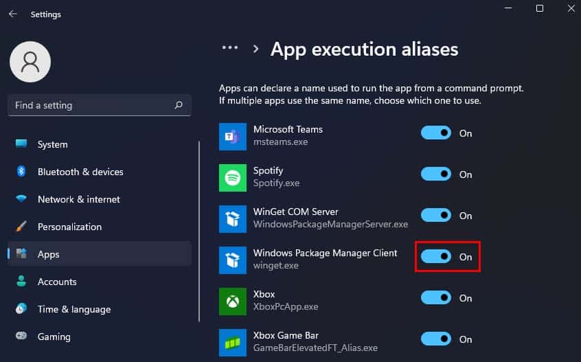 toggle on windows package manager client