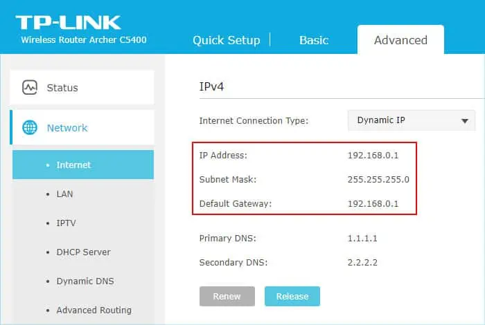 How to Change Your DNS Server (Complete Guide) 16 tplink-router-portal-advanced-network-internet-ip-address-subnet-mask-default-gateway