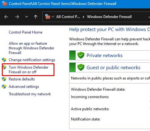turn windows defender firewall on or off