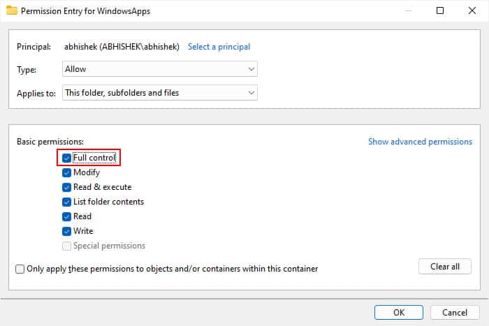 user-account-permission-entry-windowsapps-full-control
