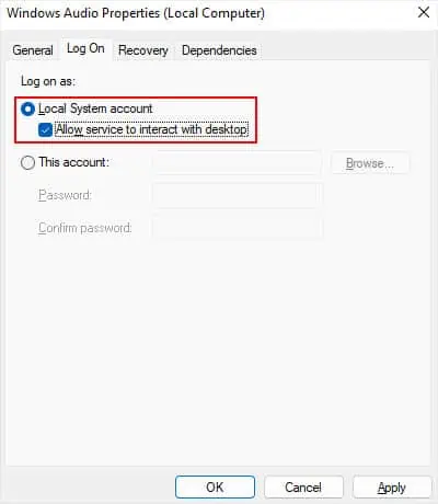 How to Fix Error 0x80070005 11 windows-audio-service-properties-log-on-as-local-system-account-allow-service-to-interact-with-desktop