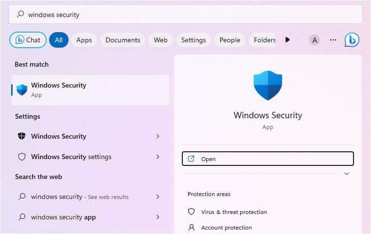 windows security from start menu