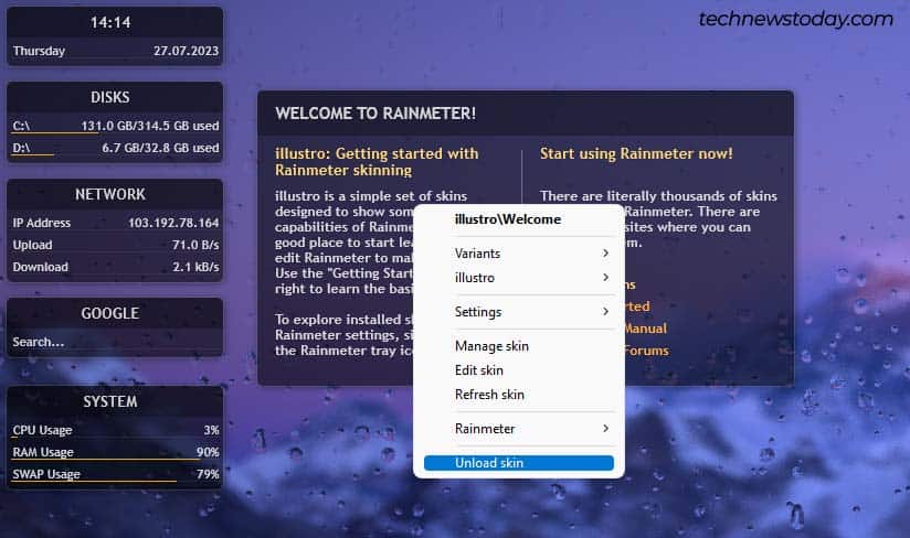 Rainmeter unload skin