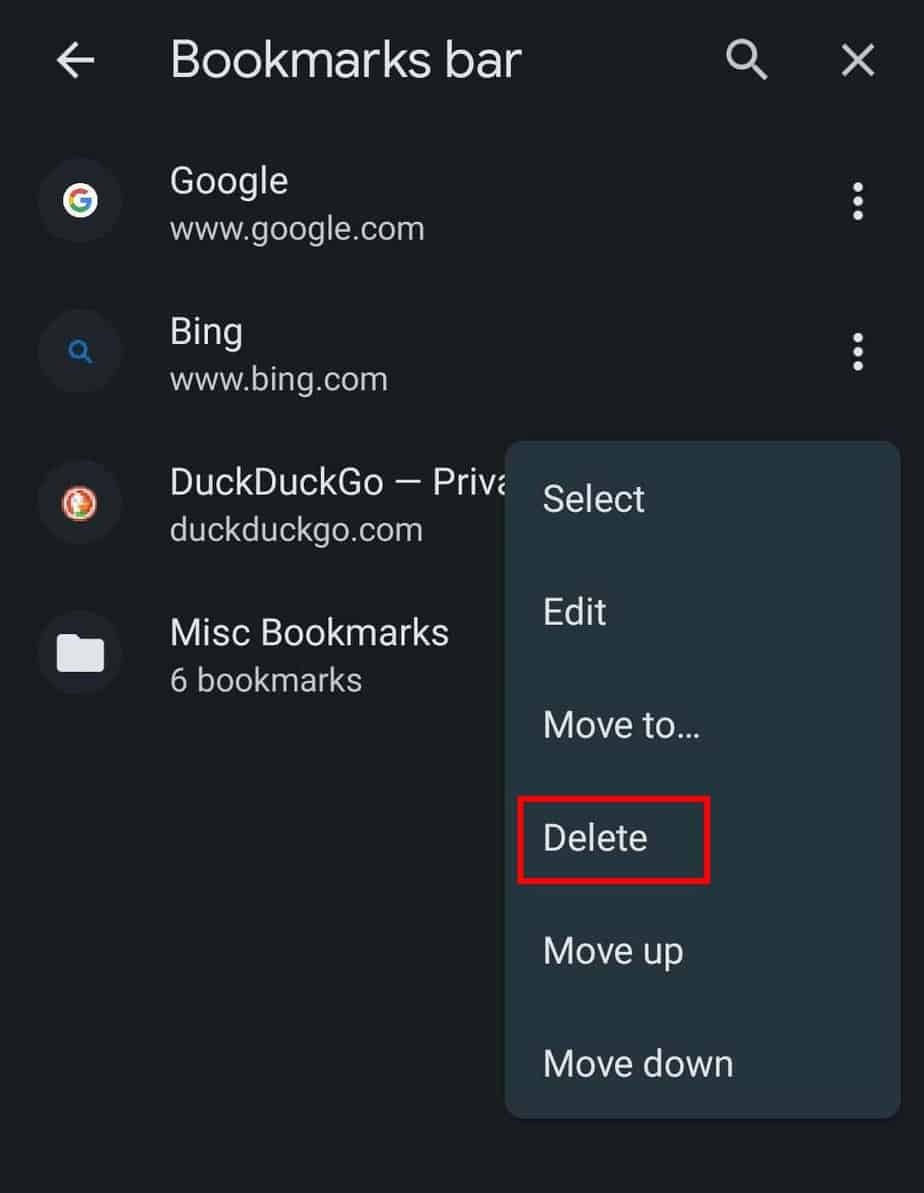 android chrome delete bookmarks