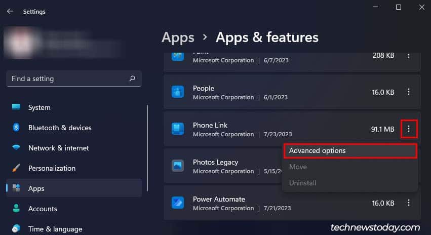 apps and features advanced option