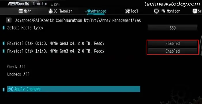 How to Setup RAID on ASRock Motherboard 24 asrock-taichi-create-array-enabled-disks-check-all-apply-changes