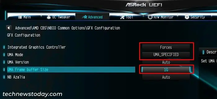 How to Enable Integrated Graphics on ASRock 10 asrock-uefi-advanced-amd-cbs-nbio-common-options-gfx-configuration-integrated-graphics-controller-forces-uma-mode-uma-specified-auto-uma-frame-buffer-size