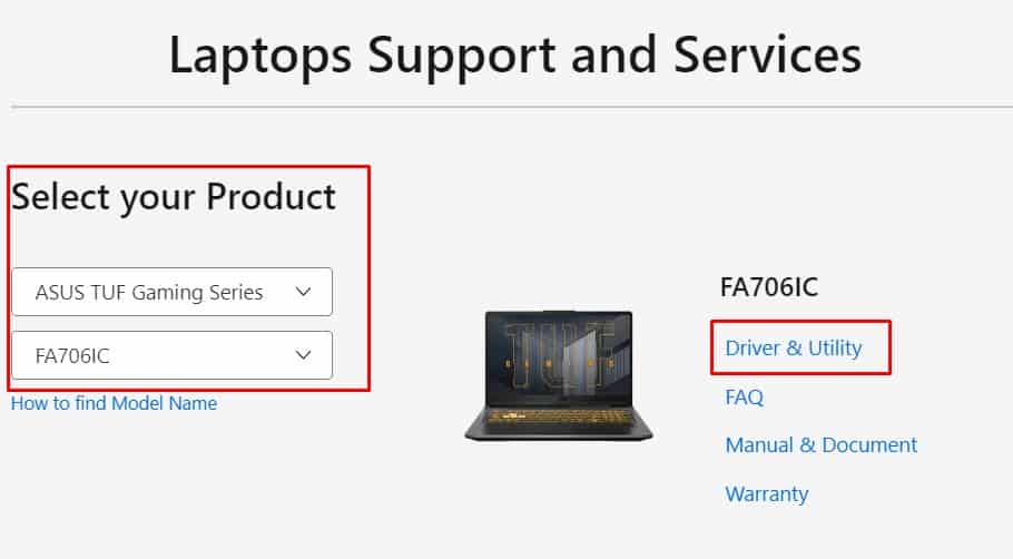 asus laptop support page select product