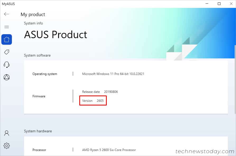 asus product myasus firmware version