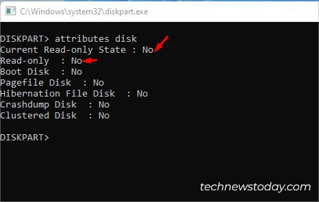 attributes disk check current read only state and read only