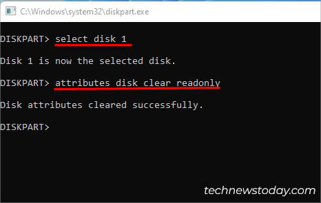 attributes disk clear readonly