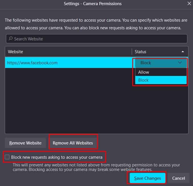block camera access firefox