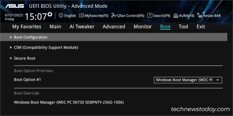 boot configuration in boot tab