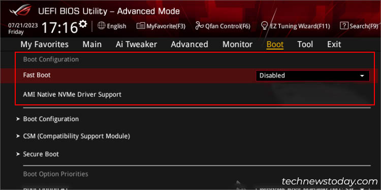 boot configuration section