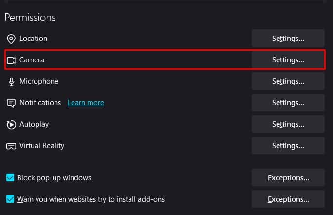 camera settings block camera access firefox