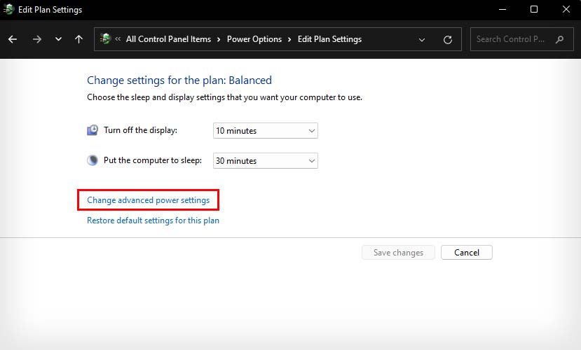 change advanced power settings