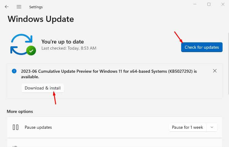 check for updates to download and install latest windows update