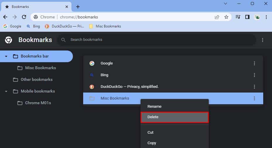 chrome delete bookmark folder