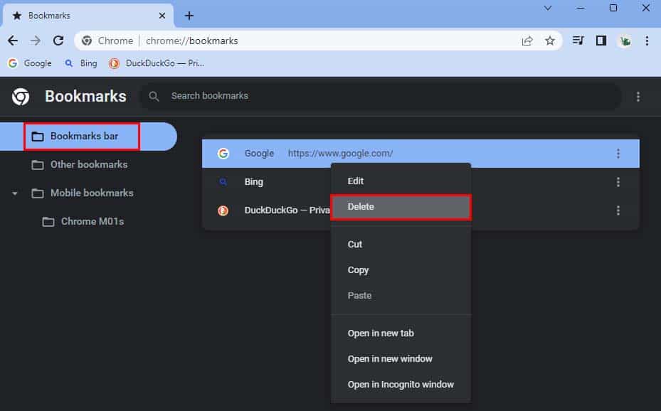chrome delete bookmark