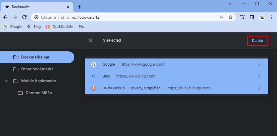 chrome delete multiple bookmarks