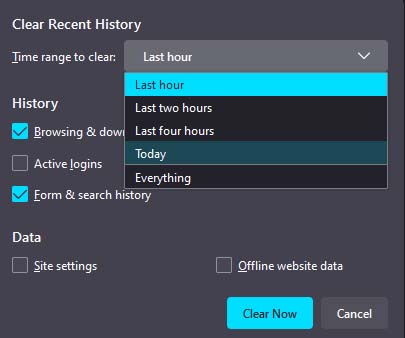 clear firefox history time range to clear