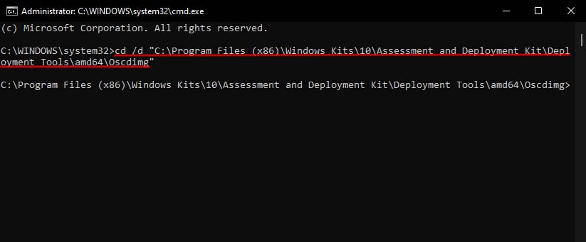 cmd change current directory to oscdimg folder